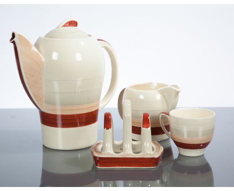 SUSIE COOPER KESTREL DESIGN COFFEE SET 
compirising coffee pot, cream, sugar, eight cups and aucers, together with a lidded b