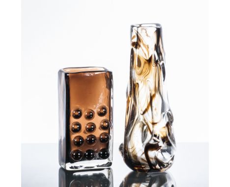 WHITEFRIARS 'MOBILE PHONE' VASE AND WHITEFRIARS 'KNOBBLY' VASE
both by Geoffrey Baxter, the first of rectangular form, 16cm h