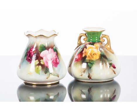 TWO ROYAL WORCESTER SMALL VASES
of squat baluster form and tapering form respectively, each decorated with rose designs with 