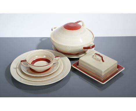 SUSIE COOPER KESTREL DESIGN PART DINNER SET
comprising two tureens, smaller tureen with saucer, set of three ashets, eight di