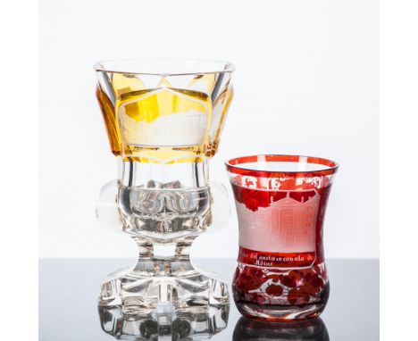 MID-19TH CENTURY BOHEMIAN GLASS GOBLET AND A BOHEMIAN GLASS BEAKER
the goblet engraved with amber stained panels of the healt