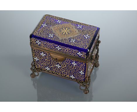 EARLY 20TH CENTURY FRENCH BLUE ENAMEL GLASS CASKET 
the hinged lid opening with a key (not present) and with a central cartou