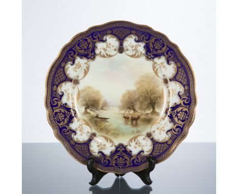 ROYAL WORCESTER PORCELAIN CABINET PLATE
hand-painted with a scene of cattle watering signed by Raymond Rushton, with a cobalt