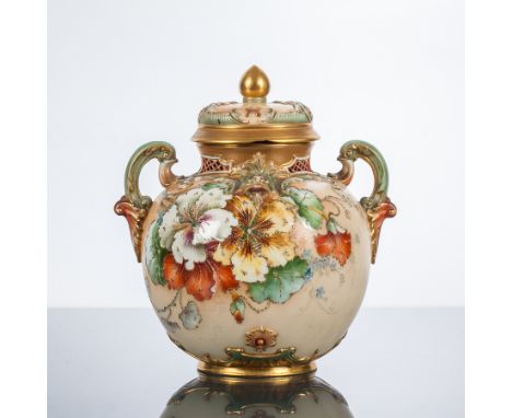 ROYAL WORCESTER BLUSH IVORY POT POURRI AND COVER
with floral decoration, pattern 1515, green printed mark, lid restored, 16cm