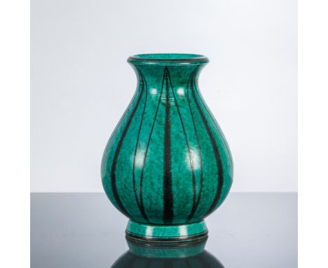 SWEDISH GUSTAVSBERG 'ARGENTA' VASE
of tapering bulbous form, with stylised leaf motifs in black over a deep jade ground, prin