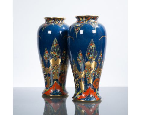 PAIR OF CARLTONWARE 'FANTASIA' VASES
decorated with stylised birds in flight and foliage in coloured enamels and gilt, patter