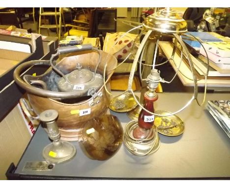 A mixed lot to include copper coal scuttle, candlesticks, kettle, scales and a table lamp (qty)