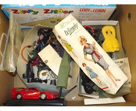 A mixed lot to include vintage Action Man accessories, Wendy doll (boxed) by Telsalda, a Zither and other
