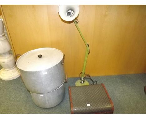 A vintage Herbert Henry and Sons table lamp, case and a two pans (4) Est £30 - £50