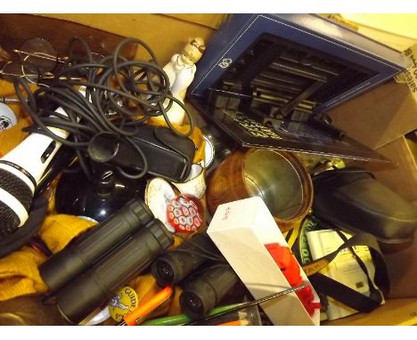 A good mixed lot to include a collection of pin badges, a millefiori glass dome paperweight, binoculars, to include Pentax 8-