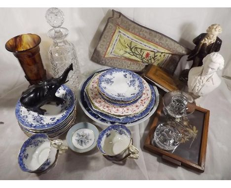 A mixed lot to include two crystal paperweights, two busts depicting Beethoven and Mozart, ceramic table ware, glass decanter