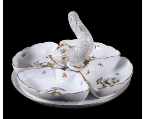  A modern Herend 'Rothschild Birds' pattern supper set,   with round tray with dolphin finial and four shaped supper set sect
