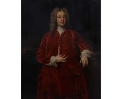 Circle of Joseph Highmore (British 1692-1780) - Portrait of a gentleman standing in a crimson coat Oil on canvas 124.5 x 103c
