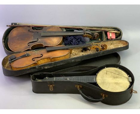 A VIOLIN - two piece back, 37cms, bearing label 'Copy of Caspar Da Salo, Hood Kirkcaldy', 60cms L overall, another violin wit