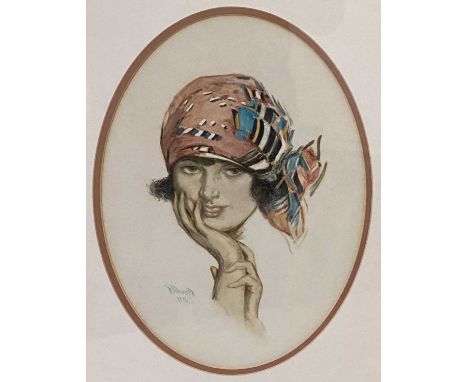 F WAINWRIGHT (1926) oval watercolour - portrait of a young lady in brightly coloured head scarf, signed and dated lower left,