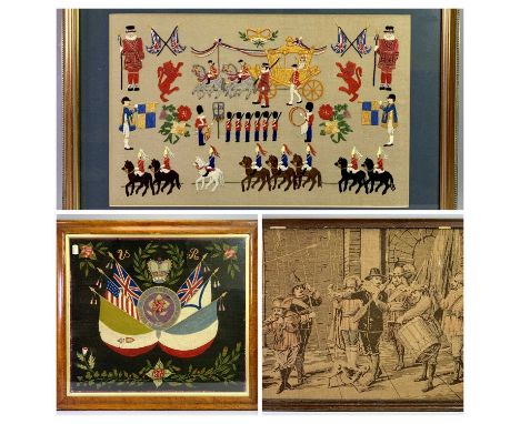 VICTORIAN WOOLWORK TAPESTRY PICTURE - Crowned Crest with flags of Great Britain and America and others, within a border of ro