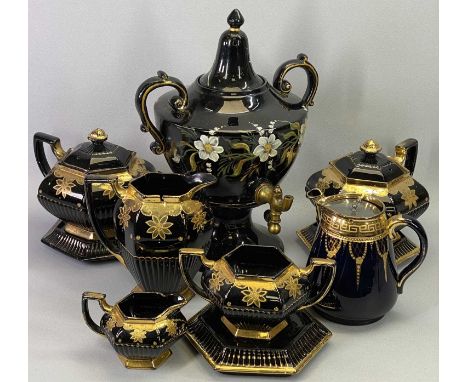 JACKFIELD WARE - 19th century teaware including a two-handled samovar of ovoid form on pedestal stand, hand painted floral de