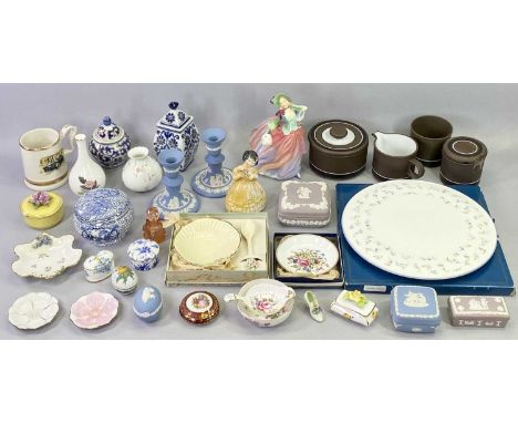 MIXED CHINA &amp; CERAMICS - Royal Doulton figurine 'Autumn Breezes' HN1911, Wedgwood light blue Jasper/Cameo ware squat cand