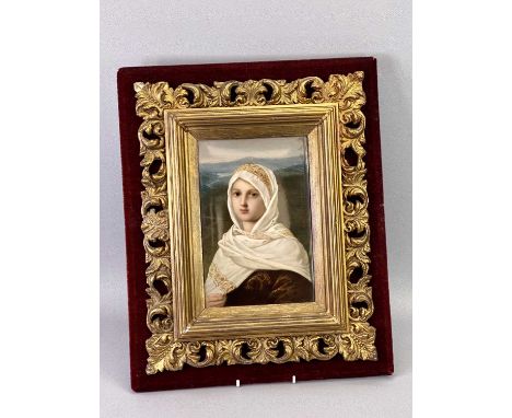 A KPM BERLIN RECTANGULAR PORCELAIN PLAQUE - finely painted with a head and shoulder portrait of young girl wearing a head sca
