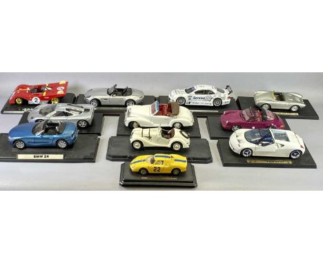 DIECAST SCALE MODEL SPORTS &amp; RACING CARS (11) - with display stands, by Burago, Maisto, Motormax, ETC, various scales, un