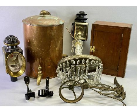 VICTORIAN BRASS &amp; METAL COACHING LAMP stamped 'Patent No 2070' and another coaching lamp with sprung fed candleholder, 46