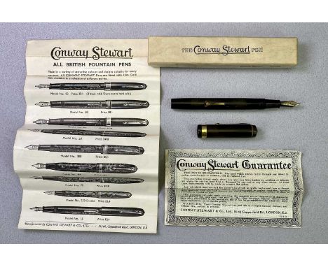 VINTAGE CONWAY STEWART LEVER FILL FOUNTAIN PEN - with 14ct gold nib, original box, guarantee and advertising leaflet