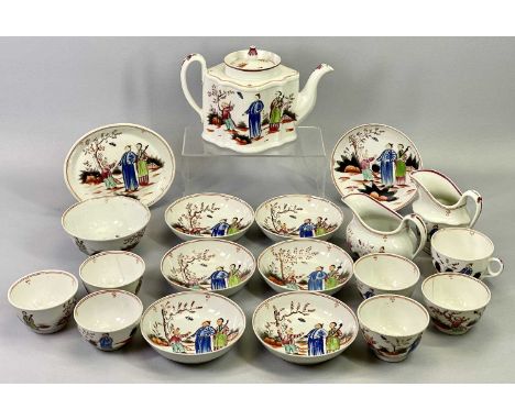NEWHALL PORCELAIN TEAWARE - late 18th century, decorated with Oriental figures to include silver shaped teapot and cover, six