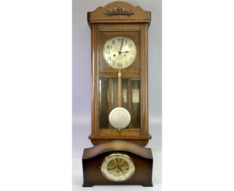 OAK CASED WALL CLOCK - early 20th century, 18.5cms diameter silvered dial with black Arabic numerals and brass bezel, case ha