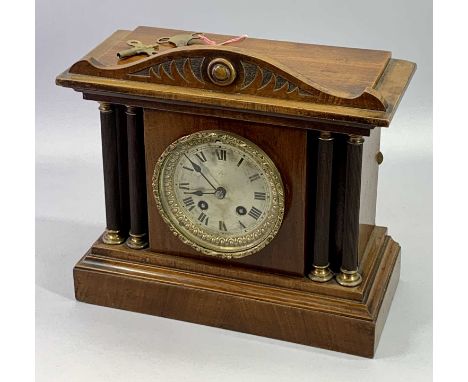 GERMAN WALNUT CASED MANTEL CLOCK - late 19th/early 20th century, circular silver dial with black Roman numerals and ornate gi