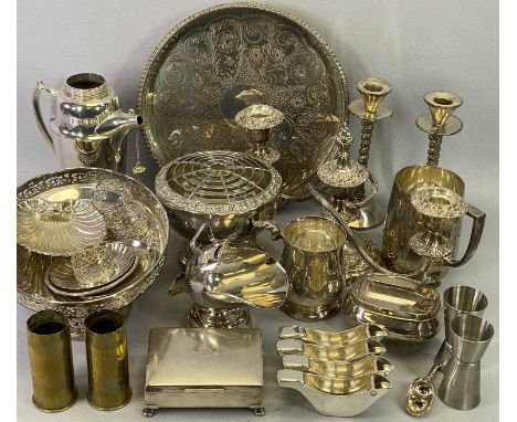 EPNS &amp; OTHER METALWARE - a mixed assortment including an engine turned decorated cigarette box, candelabra, tankards, set