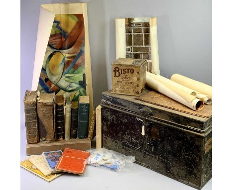 VINTAGE PAINTED TIN DEED BOX with side handles, 31.5 x 55 x 40cms, various unframed posters and prints, antique/vintage books