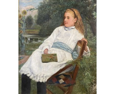 WALTER SCOTT BOYD (1893) oil on canvas - portrait of a seated girl wearing a white dress with blue sash holding a book on her