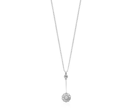 A Diamond Cluster Pendant on Chain a single old cut diamond suspends an old cut diamond within a border of smaller old cut di