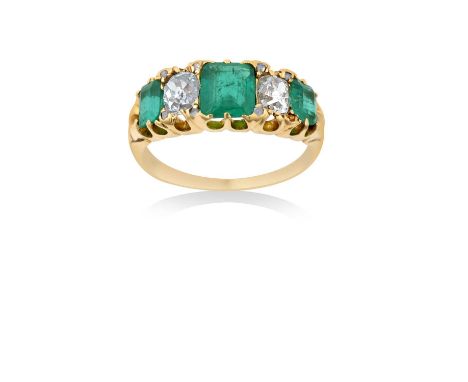 An Emerald and Diamond Five Stone Ringthree emerald-cut emeralds alternate with old cut diamonds, spaced by rose cut diamond 