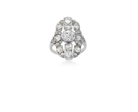 A Diamond Plaque Ringthe openwork plaque set throughout with old cut diamonds in white rubbed over and millegrain settings, t