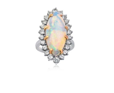 An Opal and Diamond Cluster Ring the oval cabochon opal in a yellow claw setting, within a border of round brilliant cut diam