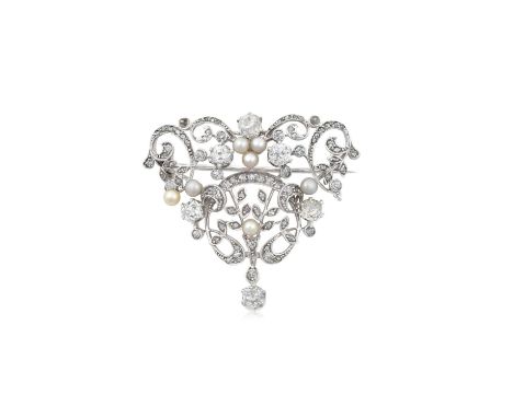 A Mid-Late 19th Century Pearl and Diamond Broochthe scroll motif set throughout with pearls, old cut, eight-cut and rose cut 