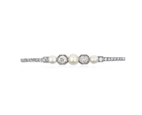 A Split Pearl and Diamond Broochthe tapered bar set throughout with three split pearls and old cut diamonds, in white millegr
