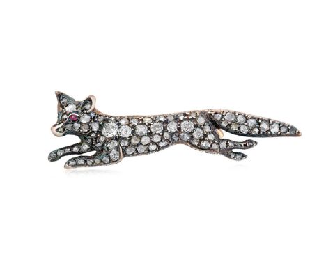 A Late Victorian Diamond Broochdepicting a running fox, pavé set throughout with old cut and rose cut diamonds, with cabochon