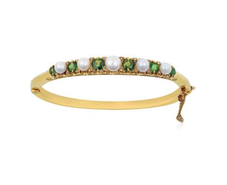 A Pearl, Green Garnet and Diamond Hinged Bangle six graduated round cut green garnets alternate with five graduated pearls, w