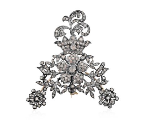 A Diamond Broochthe central flower head surrounded by leaf motifs, terminating to smaller flower heads, surmounted by a coron