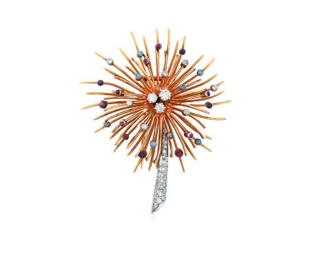 A Multi Gem-Set Broochthe central cluster formed of a trio of round brilliant cut diamonds, in white claw settings, to a burs