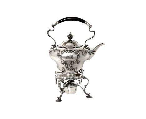 An Edward VII Silver Kettle, Stand and Lamp,  by Walter and Charles Sissons, London, 1905 in the Art Noveau style, the kettle