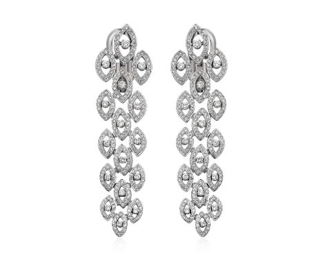 A Pair of Diamond Drop Earringsthree rows of graduated clusters, formed of a single round brilliant cut diamond within an ope