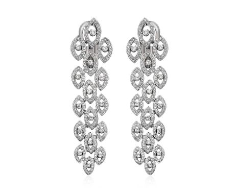 A Pair of Diamond Drop Earringsthree rows of graduated clusters, formed of a single round brilliant cut diamond within an ope