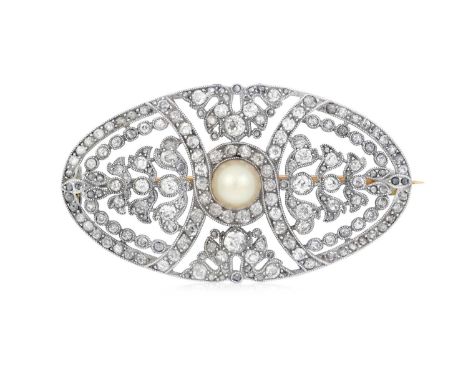 A Pearl and Diamond Broochthe oval openwork plaque with a pearl centrally to scroll and foliate motifs set throughout with ol
