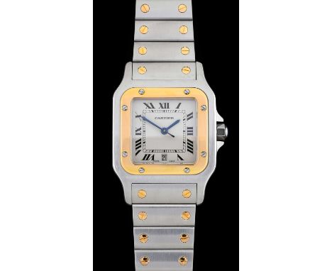 Cartier: A Steel and Gold Calendar Centre Seconds Wristwatch, signed Cartier, model: Santos, ref: 1566, circa 1995, quartz ba