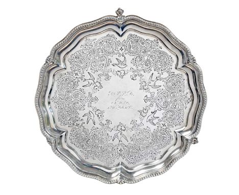 A Victorian Silver Waiter,  by Goldsmiths' Alliance Ltd., London, 1892 shaped circular and on three ball and claw feet, engra