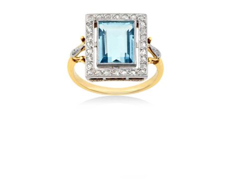 An Aquamarine and Diamond Ringthe rectangular step-cut aquamarine in a white millegrain setting, to a spaced border of rose c