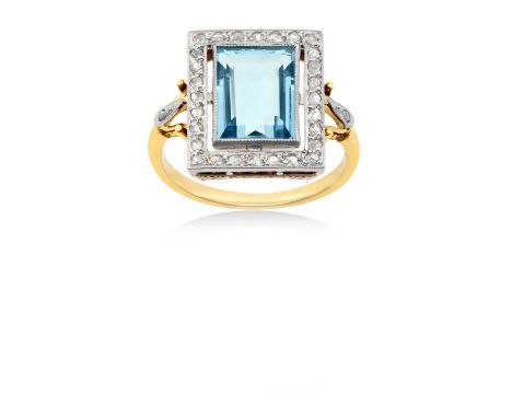 An Aquamarine and Diamond Ringthe rectangular step-cut aquamarine in a white millegrain setting, to a spaced border of rose c